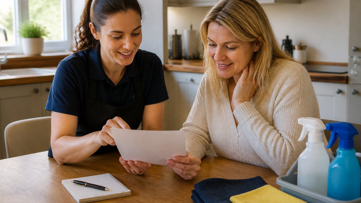 Homeowner and cleaner reviewing an itemized cleaning quote checklist at a kitchen table together