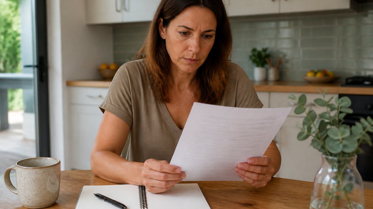 Homeowner reviewing a cleaning contract document at a kitchen table with a notepad and pen, examining the fine print carefully
