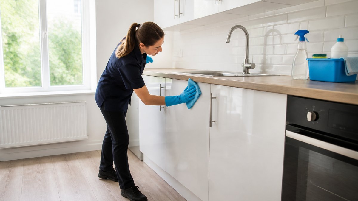 A professional cleaner in uniform wiping down a kitchen worktop and cupboard doors in an empty rental flat, cleaning products and cloths visible, natural daylight through window