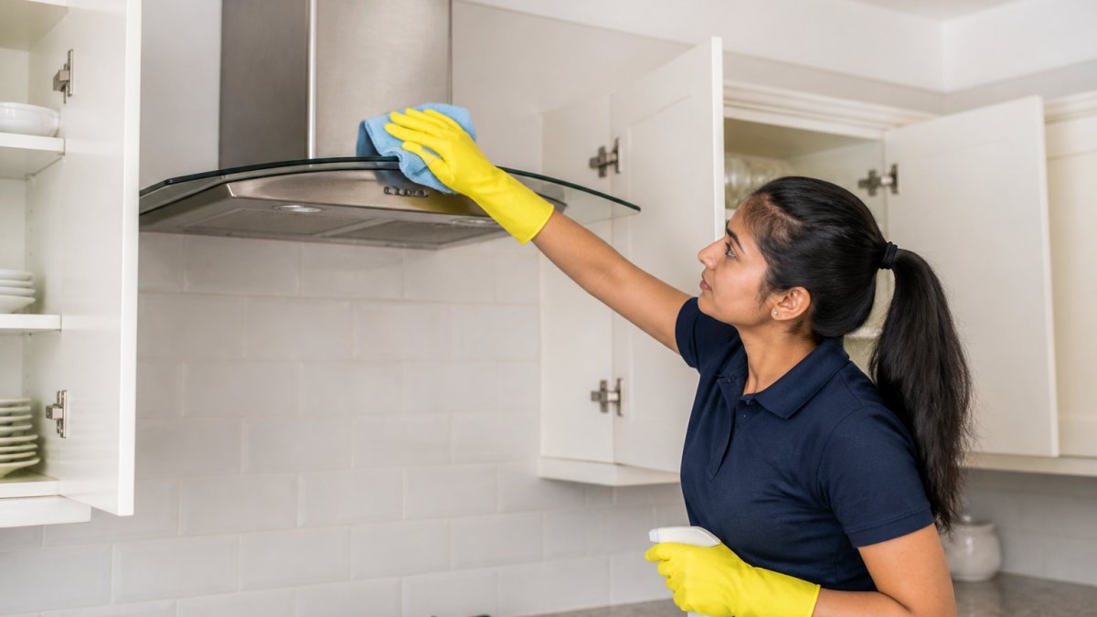 A professional cleaner in a polo shirt wiping the top of a kitchen extractor fan with a microfibre cloth, open cupboard doors showing a tidy kitchen behind
