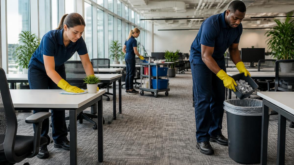 Professional cleaning team wiping down office desks and emptying waste bins in a modern open-plan office space with natural window lighting during a scheduled commercial cleaning service