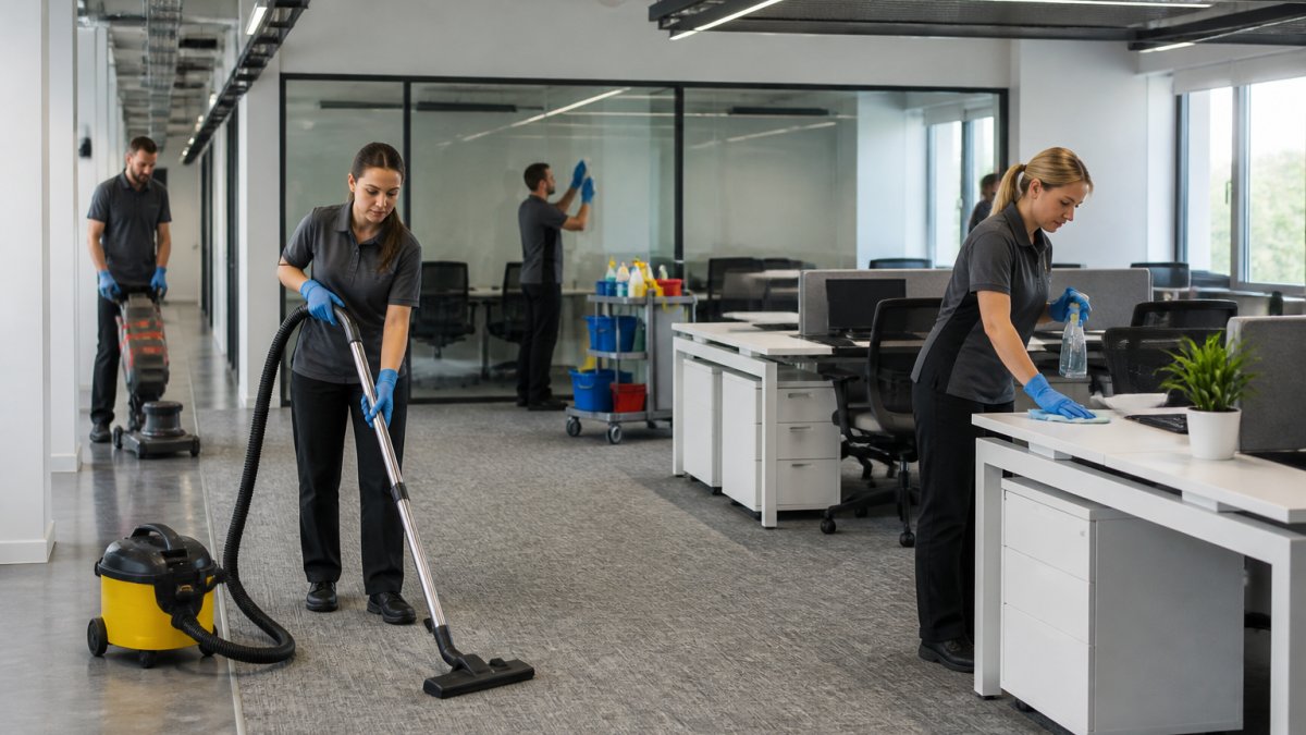 Uniformed cleaning team using professional equipment in a modern office, highlighting commercial vs residential cleaning.