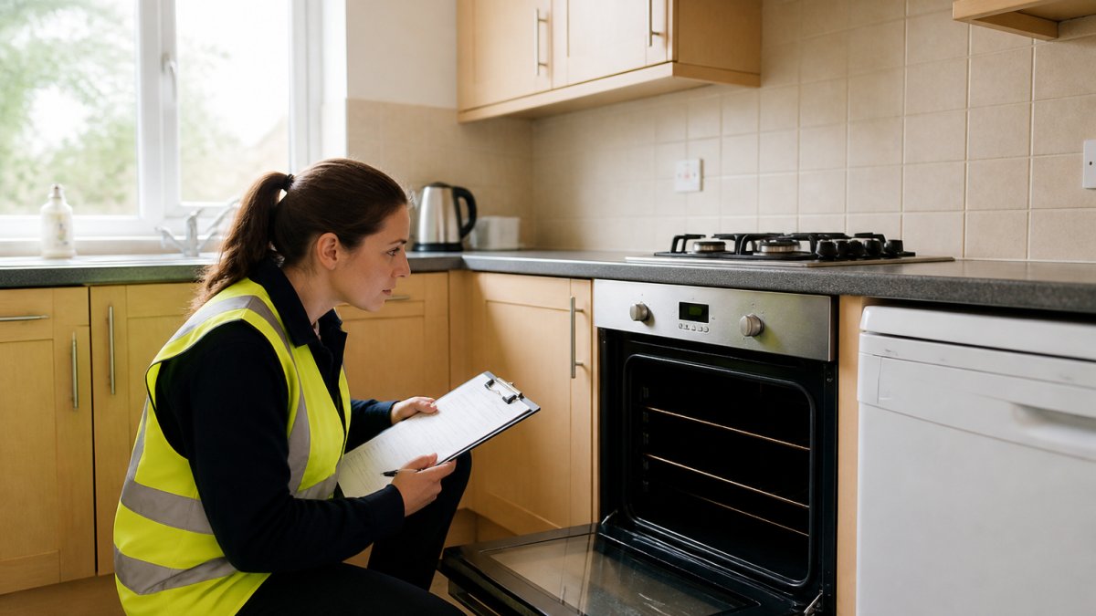Professional cleaner in high-visibility vest inspecting kitchen surfaces with clipboard, checking inside oven and appliances, natural daylight from windows