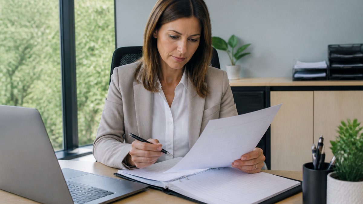 Office manager reviewing a commercial cleaning quote at a desk with a laptop