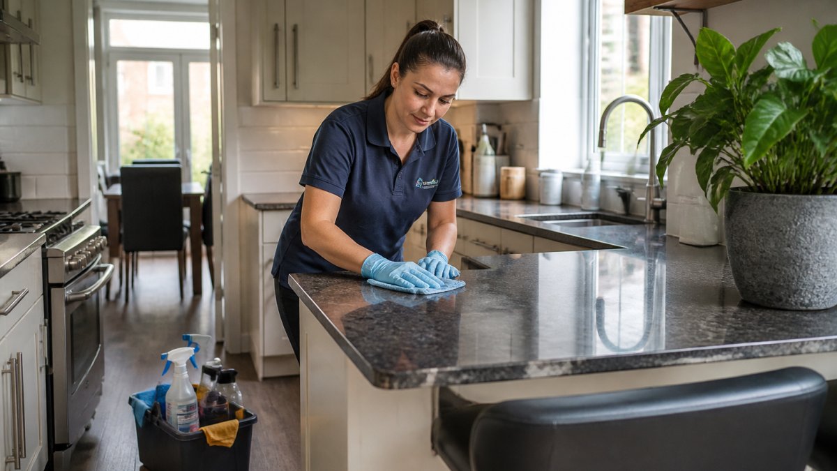 A professional cleaner in a branded uniform wiping a kitchen worktop in a bright South London terraced home, with cleaning products and a caddy visible on the floor