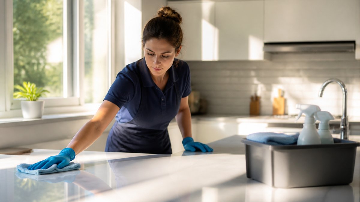 Professional cleaner wiping a spotless kitchen surface during a professional cleaning service visit