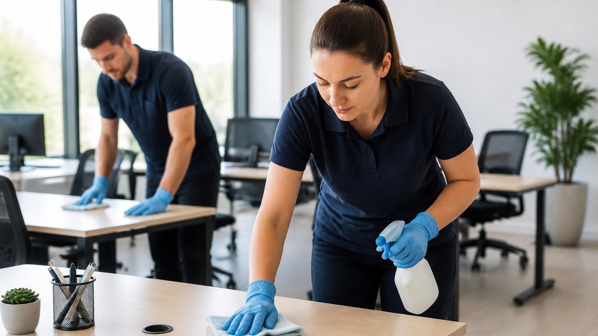 Professional office cleaners Kent team wiping desks with microfiber cloths in a sunlit workspace